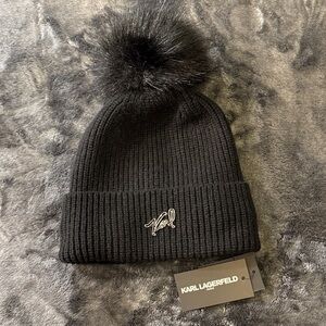 Women’s Karl Lagerfeld Black Knit Hat with Pom-Pom